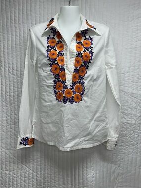 Tory Burch White Popover Blouse with Orange and Purple Floral Embroidery